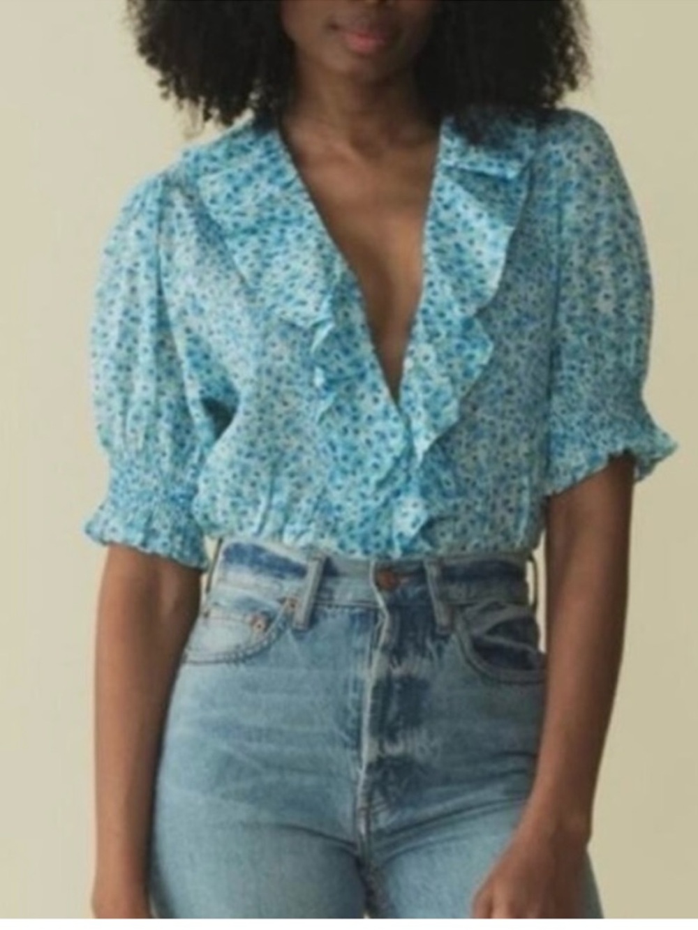 Doen Henri Blue Daisy Fields Floral Ruffle Blouse XS - Picture 3 of 8